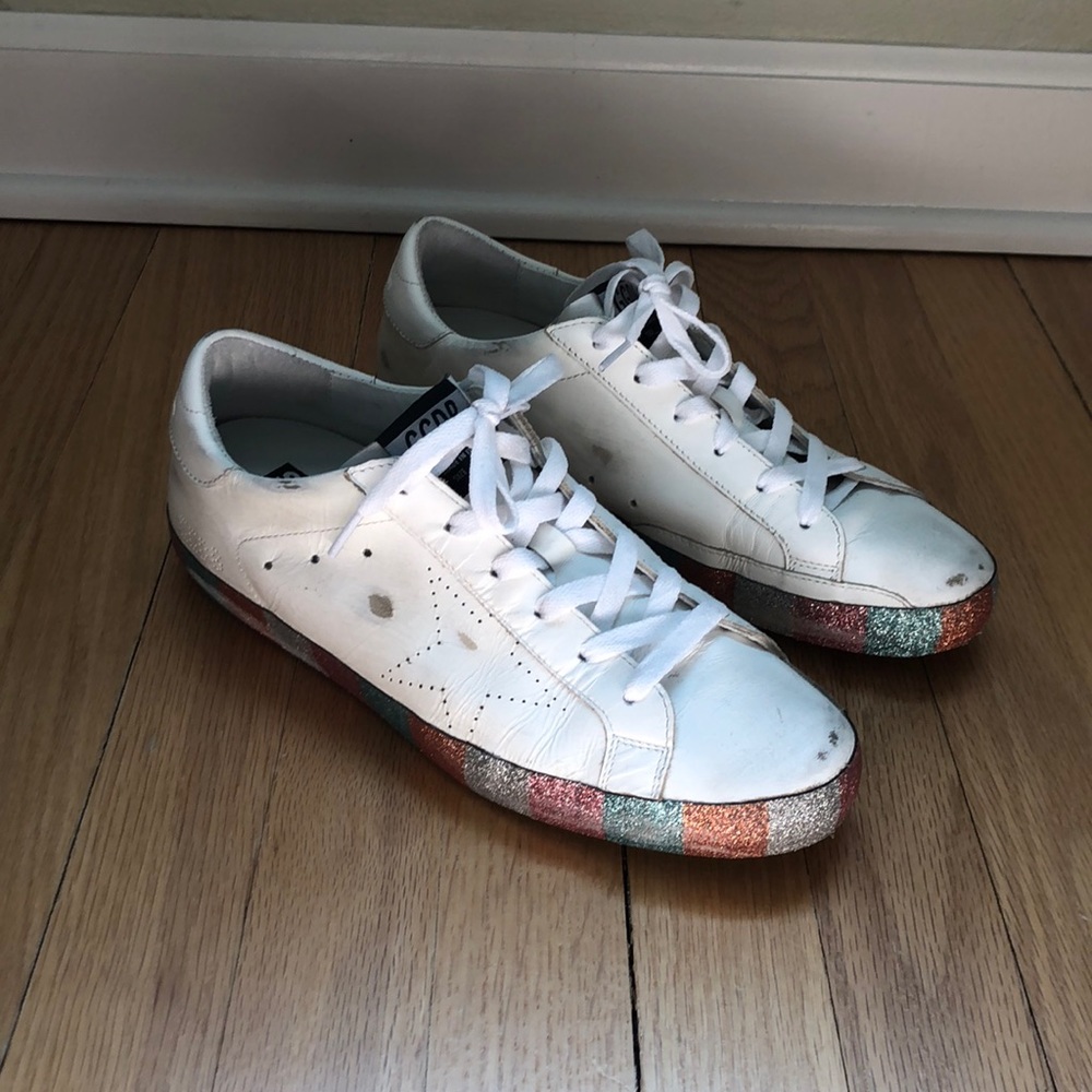 Golden Goose Rainbow Glitter Superstar Sneakers.